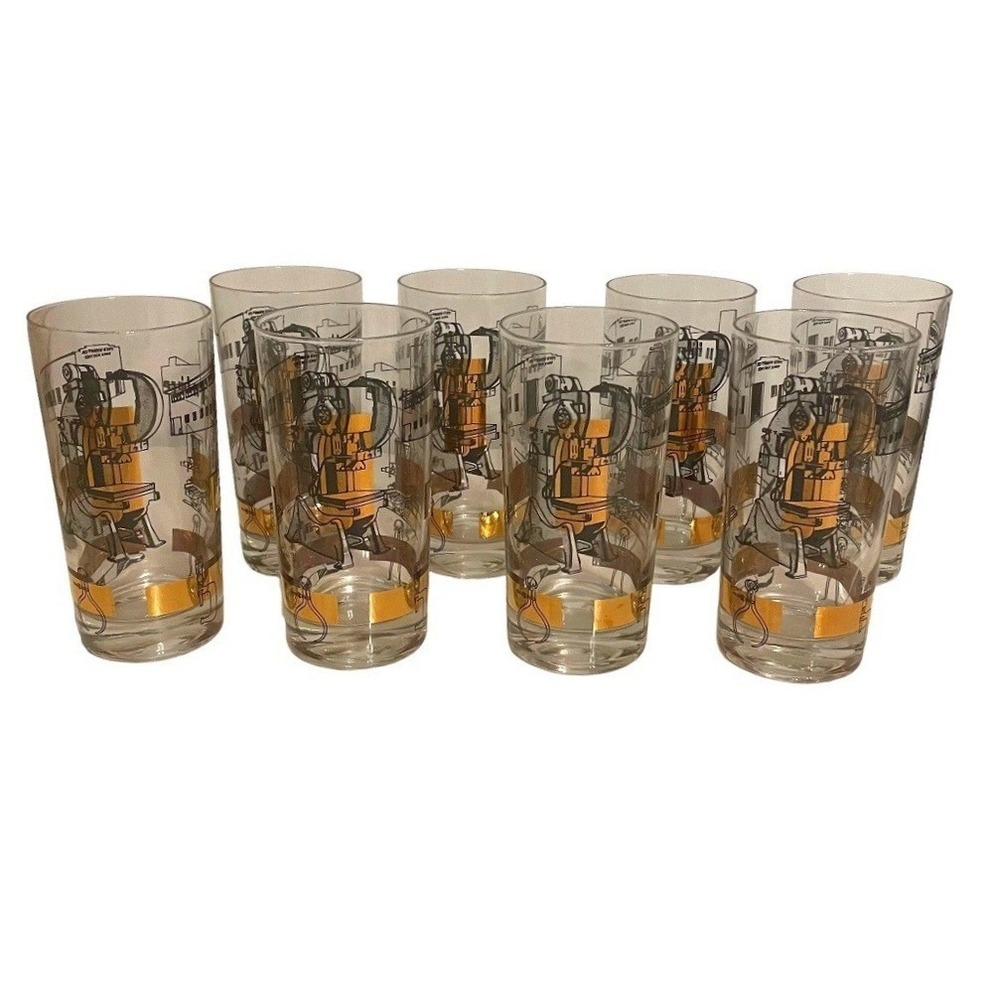 Vintage Industrial Factory Machinery Gold Highball Glasses Set of 8 MCM Barware